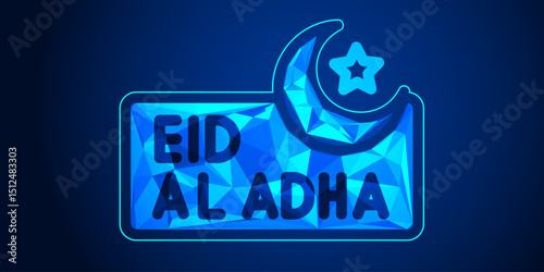 Geometric Eid al-Adha Celebration: Low Poly Crescent and Star Design on Blue Gradient Background