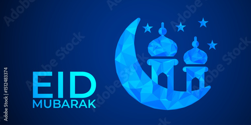 Geometric Eid al-Adha Celebration: Low Poly Crescent and Star Design on Blue Gradient Background