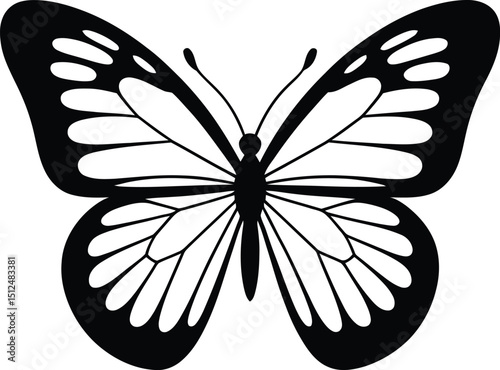 A symmetrical butterfly with black outlines and white fill 