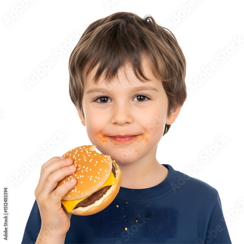  Close-up portrait of young boy with brown hair eating hamburger — isolated on transparent background