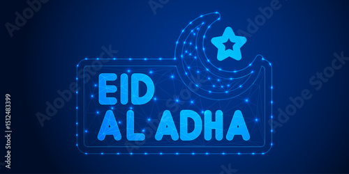 Geometric Eid al-Adha Celebration: Low Poly Crescent and Star Design on Blue Gradient Background