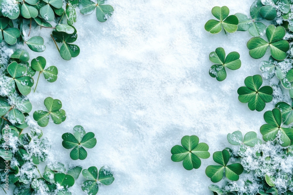 Lucky four leaf clovers surrounded by fresh snow in a serene winter landscape creating a beautiful contrast of green and white