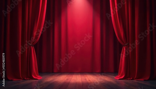 Deep red curtains part, spotlights illuminate bare stage , play, art, theatre