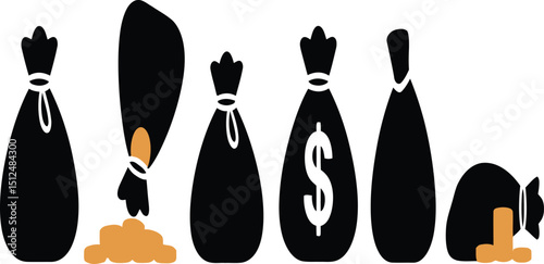 A collection of black money bags with coins spilling out and a dollar sign on one of the bags