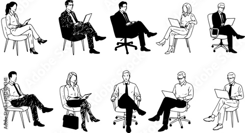  Vector silhouettes of men and women, business people, sitting on chairs and armchairs, profile, hand draw, linear sketch, black and white color, isolated on white background