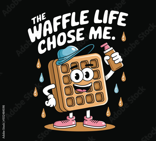 Cartoon Waffle Character with Hat Holding Syrup on Transparent Background