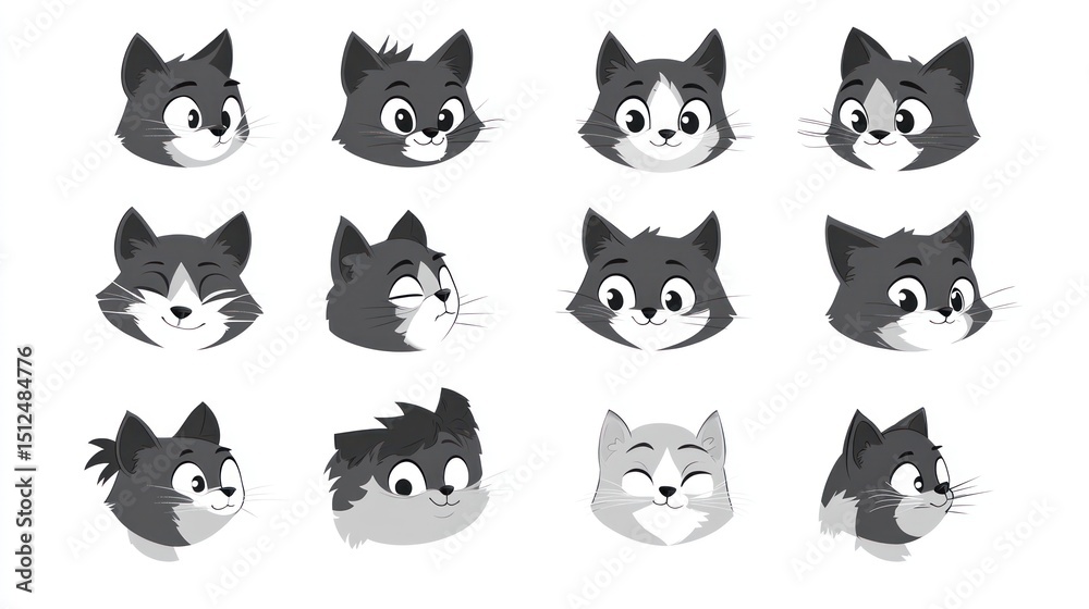 Fototapeta premium Cartoon cat faces in grayscale
