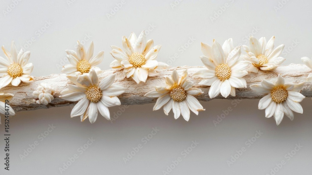 Obraz premium Group of white daisy flowers arranged in a horizontal line on a white background. the daisies have five petals each with a yellow center and are arranged in two rows of three.