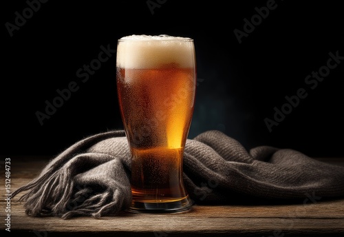 Foamy pint of cold golden beer on wooden table beside dark wool scarf under moody light ideal for autumn pubs seasonal advertising and beverage promotions