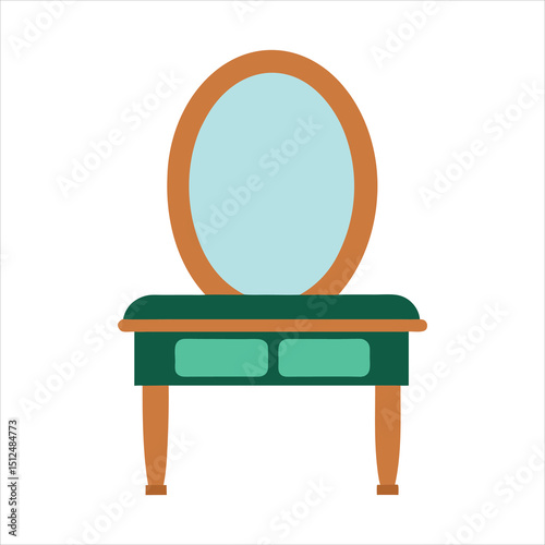 Vintage Vanity Table with Oval Mirror in Flat Vector Illustration