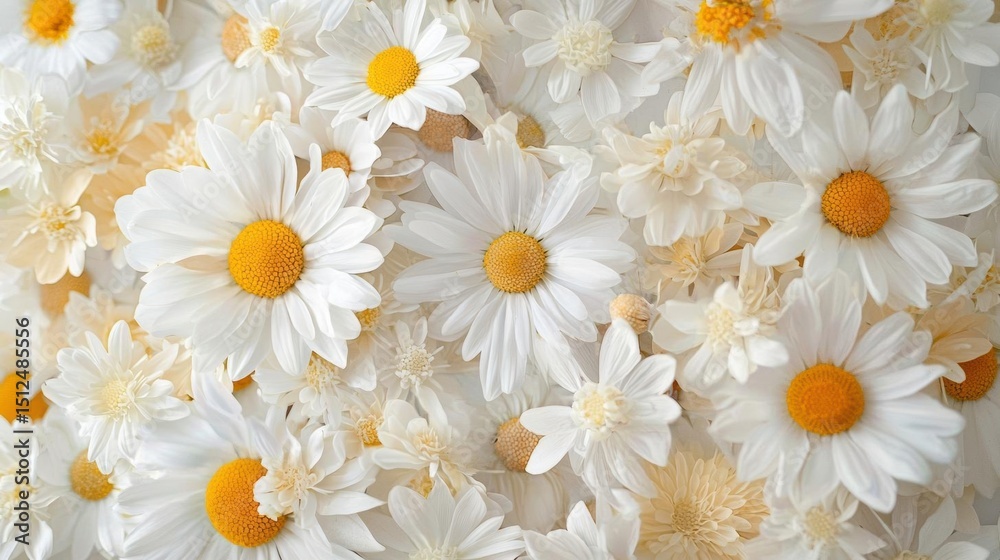 Fototapeta premium Close-up of a group of white daisy flowers with yellow centers. the daisies are arranged in a scattered manner, with some overlapping each other.