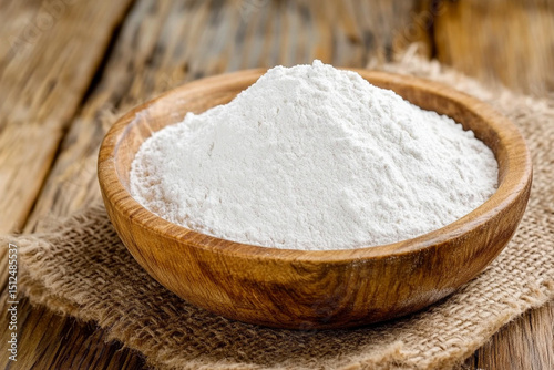 Protein powder in a wooden bowl on a rustic table surface