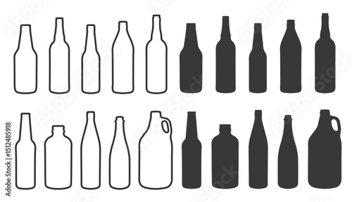 Glass beer bottle shapes icon shape symbol set. Wine, whiskey, rum, liquor bottles. Editable stroke line Vector illustration image. Isolated on white background.