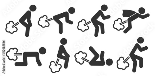 Stick man Farting icon symbol. Humor fart blowing wind sign logo. Human figure various postures. Vector illustration image. Isolated on white background.