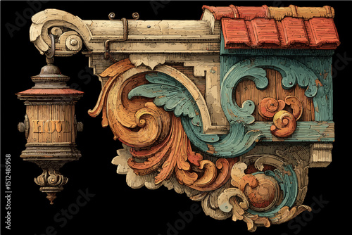 Vintage Ornamental Sign Vector with Scrollwork and Hanging Lantern