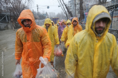 volunteers wearing raincoats taking donations to families affected by floods