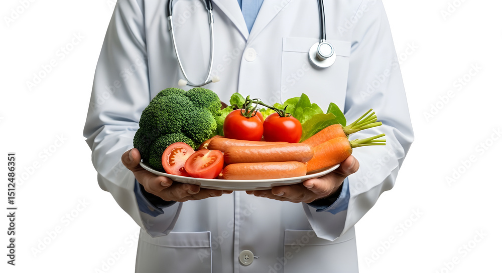 Doctor in lab coat holding plate of healthy foods — balanced diet and nutrition concept isolated on transparent background Doctor in lab coat holding plate of healthy foods — balanced diet and nutrition concept isolated on transparent background