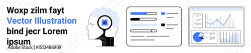 Human head with gears, digital dashboard of charts, and data bars. Ideal for AI, tech, data, innovation, infographics, analysis reports simple landing page