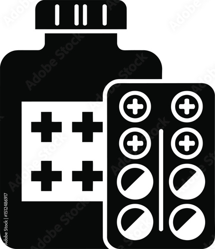 Black and white vector icon featuring a medicine bottle and blister pack of pills