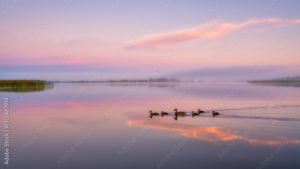 Naklejka premium Family of ducks swimming across a calm lake reflecting a beautiful pink and purple sky