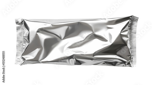A shiny silver foil pouch with crimped edges  in  setting isolated on transparent background