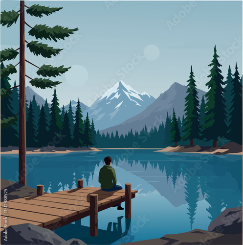 Person Sitting on Wooden Pier by Calm Lake with Pine Trees and Snowy Mountain Landscape Vector 