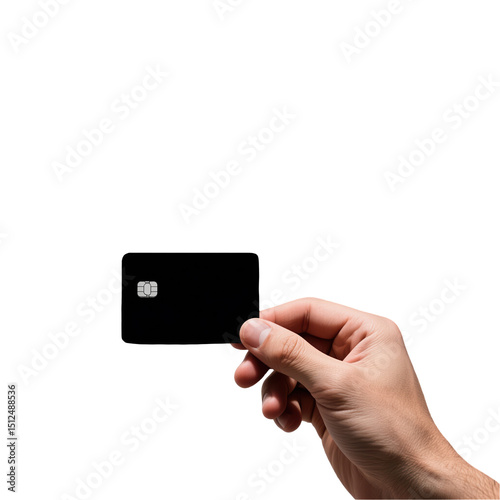 Hand holding black credit card isolated on transparent background