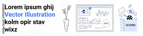 Analytics dashboard with graphs, minimal vase plant, and SCORM-based e-learning content. Ideal for education, data analysis, e-learning, business, presentation, minimal aesthetics simple landing