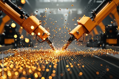 Robotic arms welding with sparks in a modern industrial setting.