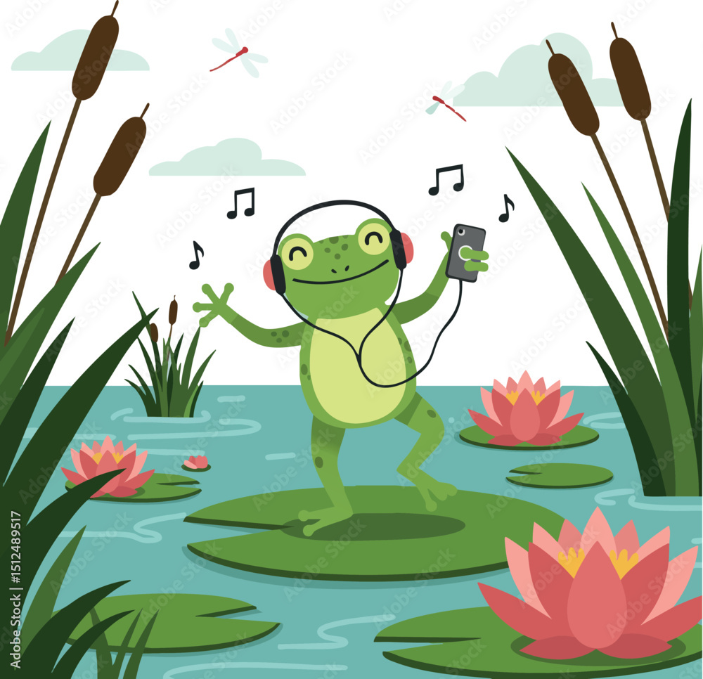 Fototapeta premium Frog Listening to Music on Lily Pad in Pond with Pink Lotus Flowers and Cattails Vector Illustration 