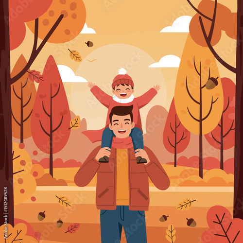 Father carrying happy child on shoulders in autumn forest with falling leaves and acorns 