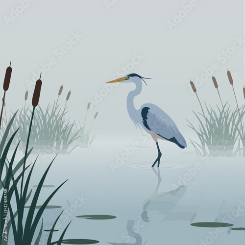 Great blue heron standing in misty swamp with cattails and lilies vector illustration 