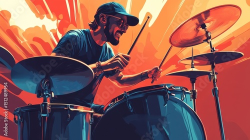 music, people, musical instruments and entertainment concept - male musician playing drums and cymbals at concert or studio illustration , no logos, no brands