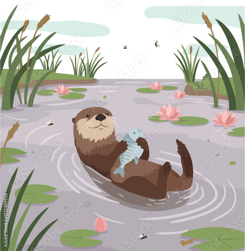 Otter Floating on Water Holding Fish in Pond with Lily Pads and Reeds Vector Illustration 