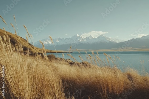 Scenic view of Lake Pukaki surrounded by golden grass and majestic snowy mountains in the distance, Panning shot of Lake Pukaki and snowy mountain in New Zealand
