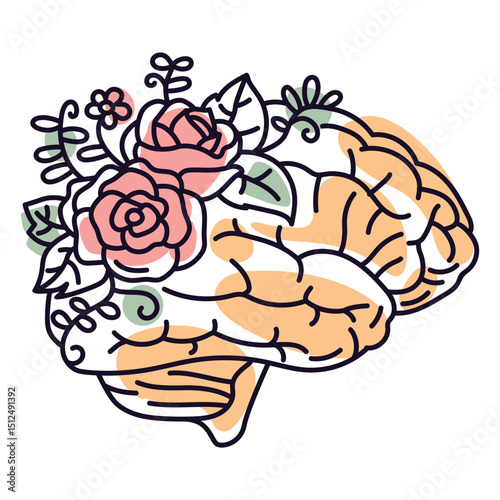 Brain and flowers color stroke