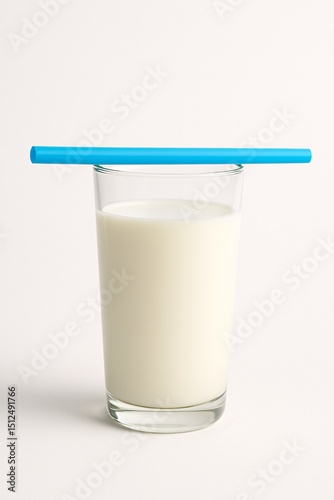 Refreshing Glass of Milk with Blue Straw - Minimalistic Dairy Beverage Photography