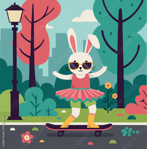 Skateboarding bunny in pink dress and sunglasses in colorful city park vector illustration 