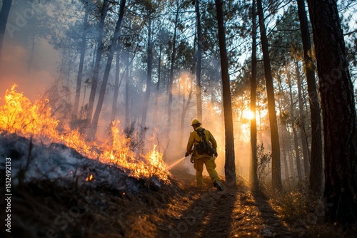 A firefighter fighting a forest fire in the woods