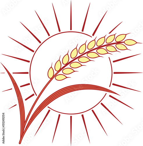 A stylized wheat ear under a sunburst, symbolizing abundance and growth.