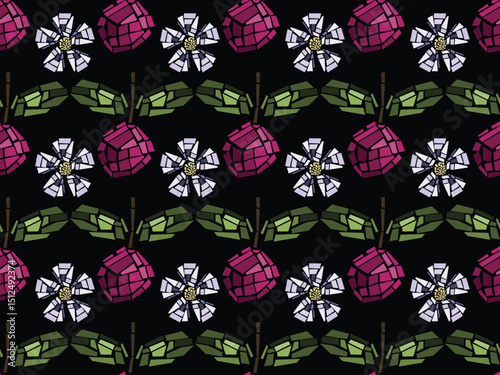 Mosaic cherry blossom . Shiny cracked tiles. Vector illustration.  Sweet summer berry. Seamless pattern.