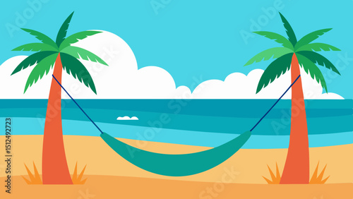 Tropical hammock between two palm trees on a sunny beach with calm ocean waves and blue sky
