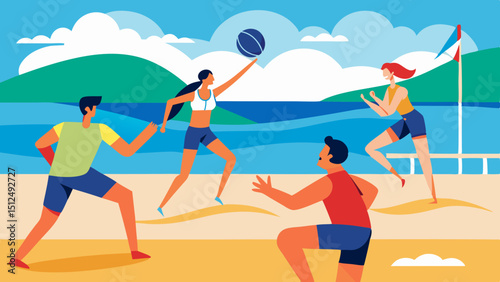 Active group of friends playing beach volleyball near ocean with hills, blue sky and clouds in the background
