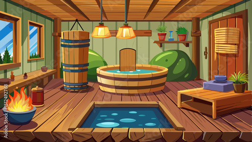 Rustic wooden spa interior with hot tubs, fire bowl, plants, towels and soft lighting creating a relaxing atmosphere