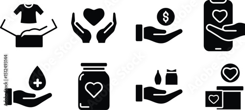 Clean vector icons of charity, donation, and medical aid concepts including hands, hearts, and product symbols in black and white