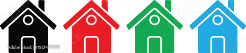 Collection of colored home icons in red, green, blue, and black styles for real estate, rental, housing, or home-related apps