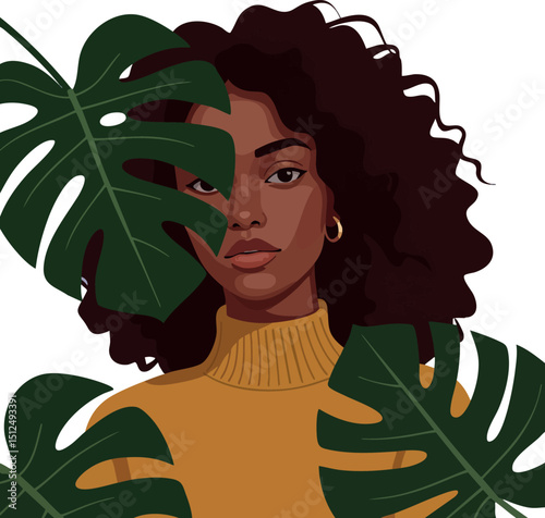 Woman with curly hair and gold earrings behind green tropical leaves vector illustration natural portrait 