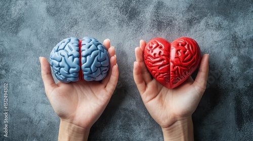 balance your life, logic and feel concept with heart and brain in hands at grey background. illustration , no logos, no brands