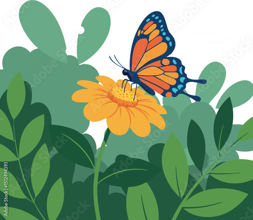Monarch butterfly perched on yellow flower with green leafy background vector illustration 