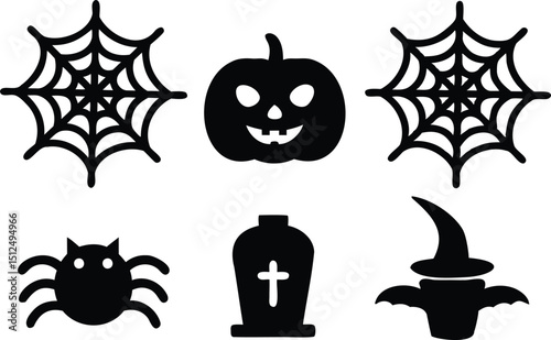Halloween Silhouette Icon Set with Spider Web, Pumpkin, Spider, Witch Hat, and Grave, Vector Collection for Holiday Crafts, Party Decor, or Seasonal Graphics

